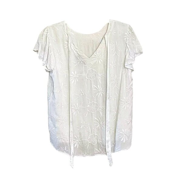 Loft White Round Neck Floral Embroidered Short Sleeve Top with Tie Back Size XL - Picture 2 of 10